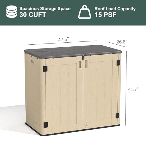 60 Cu.Ft Vertical Outdoor Storage Shed, All-Weather Resin Storage Cabinet Waterproof with Lockable Floor, Tall Backyard Shed for Patio Furniture, Garage, Garden, Pool Accessories, Porch (Khaki)