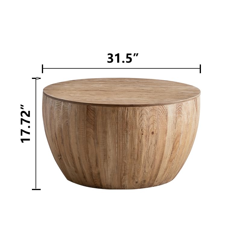 31.50" Round Drum Coffee Table - Round Wood Coffee Table with Bucket Shaped and Vintage Style, Unique Coffee Table with Storage Function, Circular Coffee Tables for Living Room (Brown)