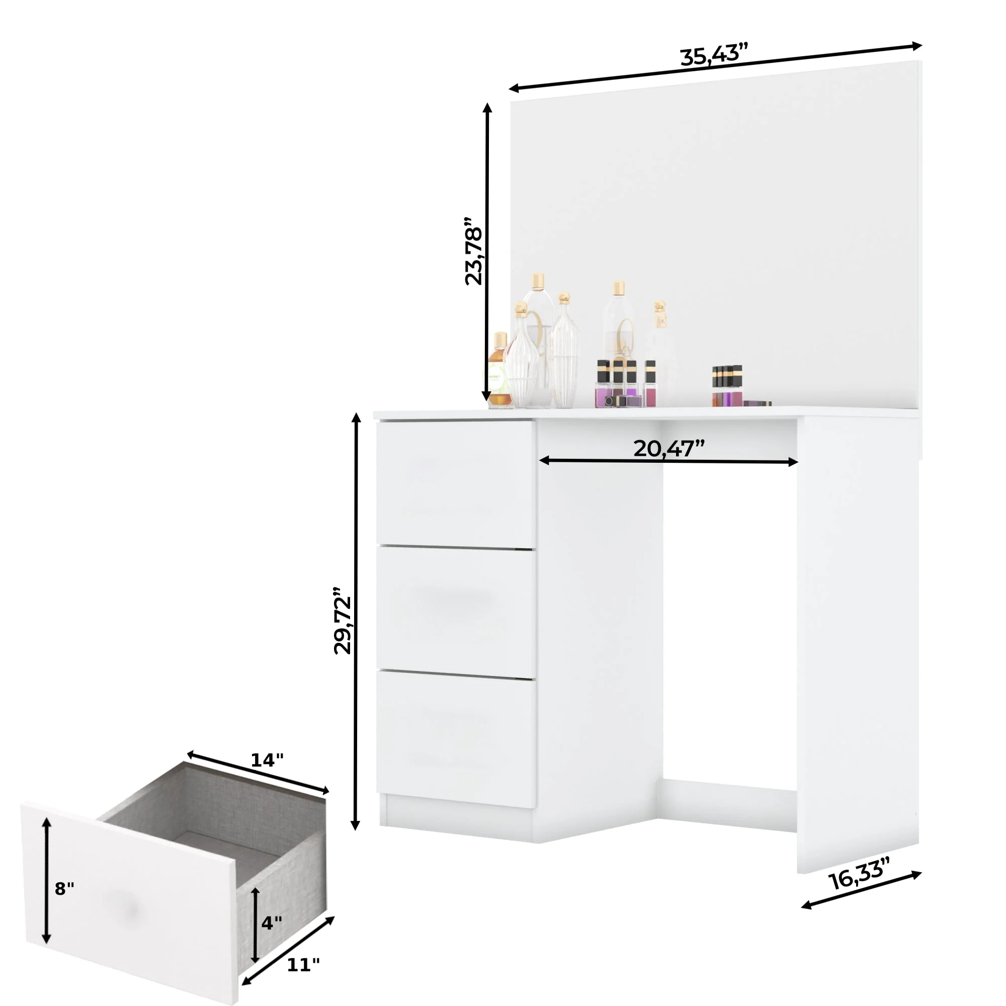 Boahaus Amelia Modern Vanity Table with Light Bulbs 3 Drawers Wide Mirror White Painted for Bedroom