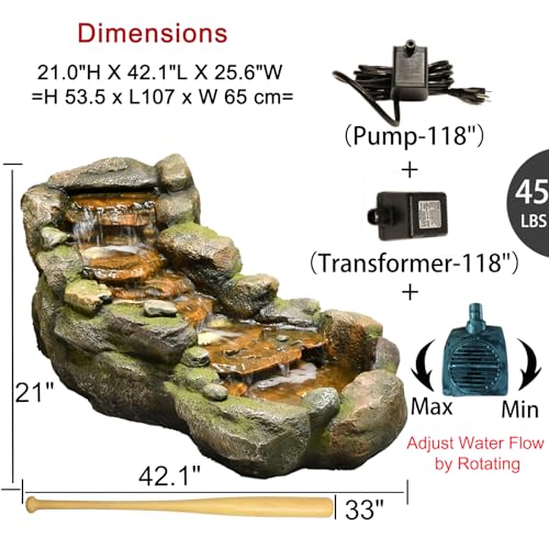 Garden Water Fountains outdoor Floor Standing, 3 Tier Rock Waterfall Fountain with LED Lights and Pump for Garden, Patio, Backyard, Deck, Porch and Home Art Deco, 56.3" Very Tall