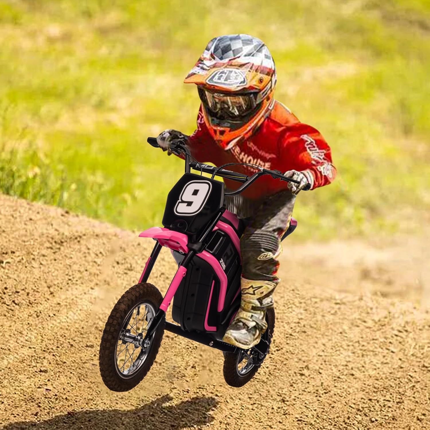 24V Ride On Motorcycle Dirt Bike, Dirt Rocket Electric-Powered Dirt Bike with Authentic Motocross Dirt Bike Geometry, Rear-Wheel Drive, High-Torque, Chain-Driven Motor, for Kids 13+ (Pink)