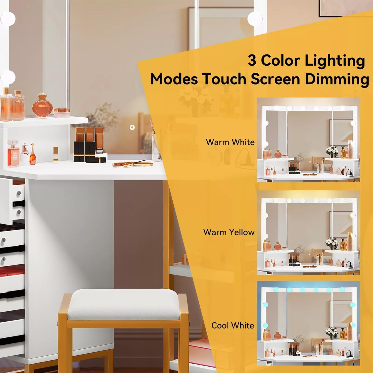 White 41.7 inches Vanity Table Set with 10 LED Lighted Mirror Makeup Dressing Dresser Desk and Stool Power Station 4 Drawers Storage Drawer Shelf Shelves Bedroom Metal Wood Modern New