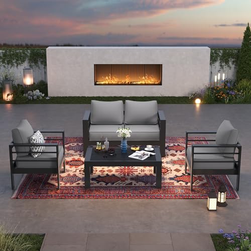 UDPATIO 8 Piece Aluminum Patio Furniture Set, Oversized Modern Outdoor Furniture Set with Olefin Fabric Cushion for Patio Deck Backyard, Dark Grey(with Waterproof Covers)