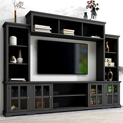 CEMKAE Modern TV Stand Complete TV Entertainment Wall Unit Center TV Console Table for TVs Up to 70”,Entertainment Center with Storage Bridge and Glass Door Storage Cabinet/Bookshelves (White)