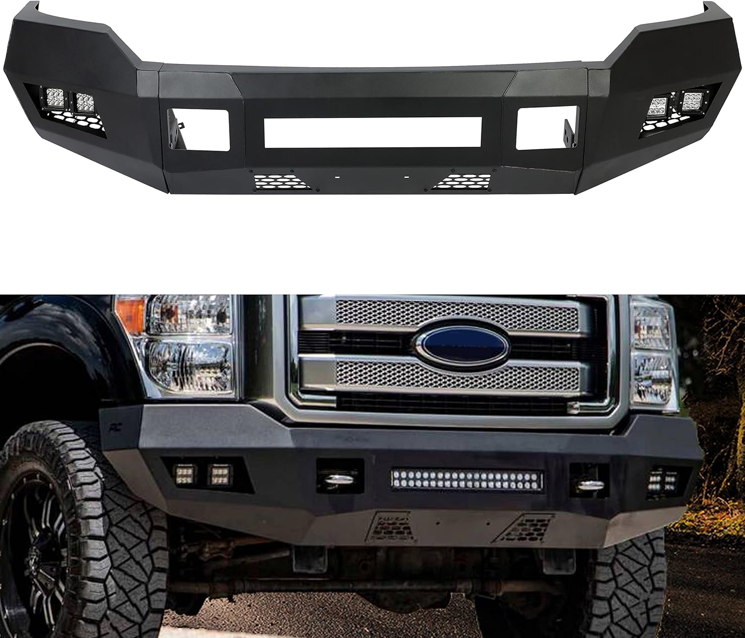 Steel Front Bumper 3 Piece W/Cube Lights Compatible with 2011-2016 Ford F250 F350 Super Duty (2 Packages Shipment)