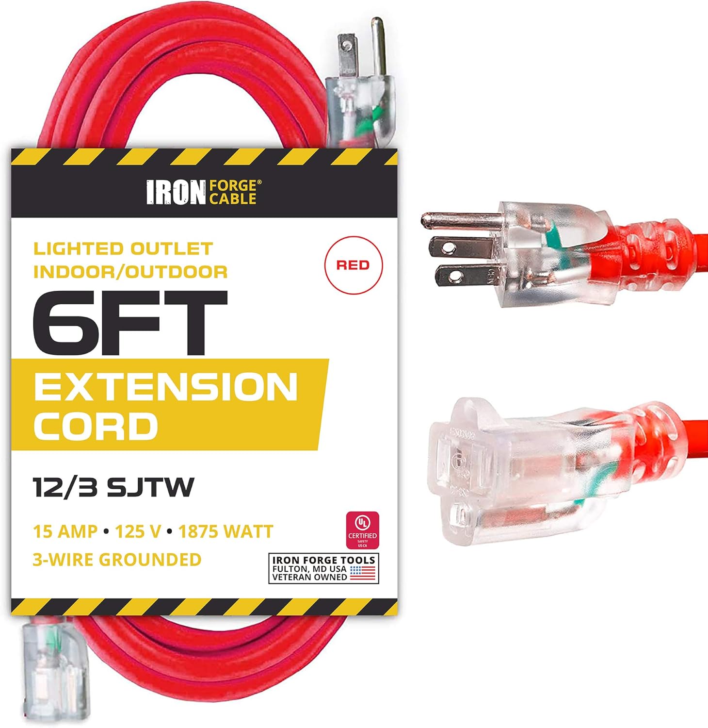 100 Ft Lighted Outdoor Extension Cord - 12/3 SJTW Heavy Duty Yellow Extension Cable with 3 Prong Grounded Plug for Safety - Great for Garden & Major Appliances