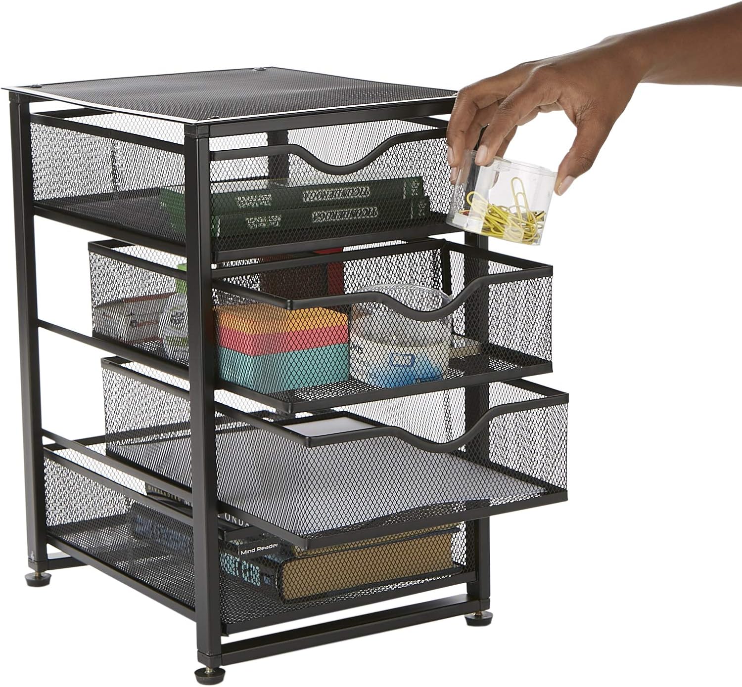 Mind Reader 4-Tiered Drawers Cabinet, Rolling Mesh Office Cart, Metal Storage, Drawers, File Storage Cart, Utility Cart, Office Storage, Heavy Duty Multi-Purpose Cart, Black