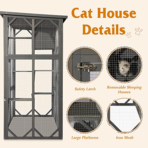 Grepatio Cat Enclosure Large Outdoor Catio Wooden Cat House with Weatherproof, Cat Cage Condo Indoor Playpen with Platform and Small House (Grey)