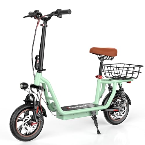 iScooter Electric Scooter with Seat, 37/21 Miles Long Range & 28/19/15.6 MPH Top Speed, 14"/12"/10" Pneumatic Tire, Height Adjustable Seat & Handlebar, Dual Suspensions Commuting Scooter with Basket