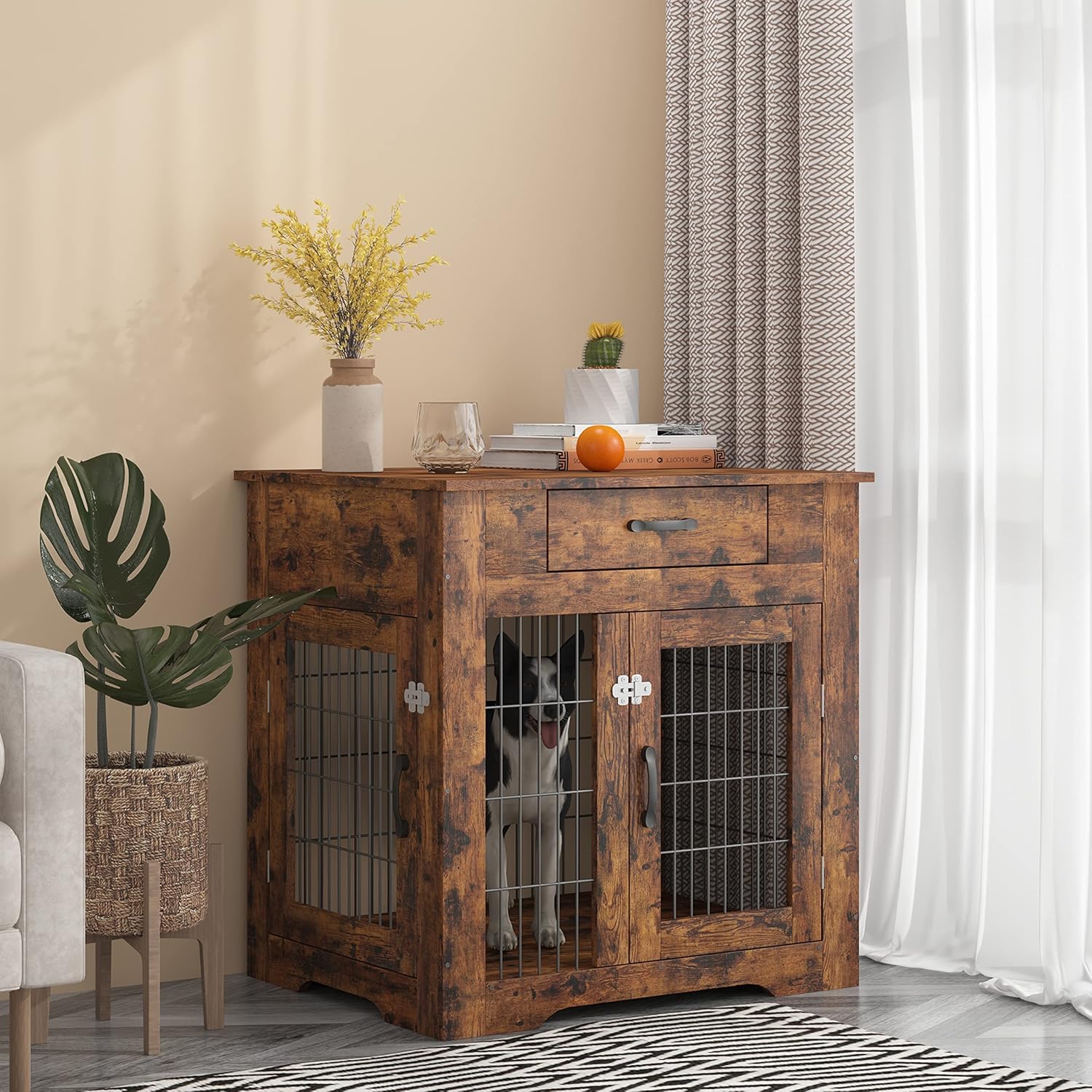 Furniture Style Dog Crate End Table with Drawer, Pet Kennels with Double Doors, Dog House Indoor Use. Rustic Brown, 29.92in W x 24.8in D x 30.71in H.