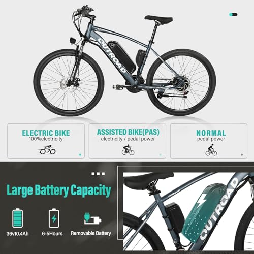 Outroad Electric Bike for Adults with Removable Battery, 40Miles 20MPH Commuting Electric Mountain Bike with 36V 350W/500W(Peak) Brushless Motor, 21-Speed Gear, 26" Tires and Front Fork Suspension