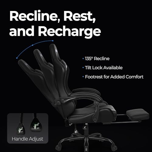N-GEN Video Gaming Chair with Footrest High Back Ergonomic Comfortable Office Computer Desk with Lumbar Support Height Adjustable with PU Leather Recliner for Adults Women Men (Black)