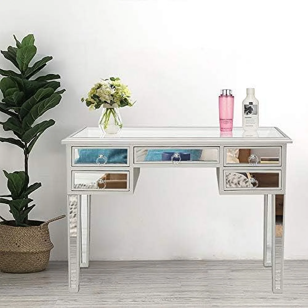 TJUNBOLIFE Mirrored Makeup Desk Vanity Dressing Table with 5 Drawers  Modern Glass Entryway Console Table Writing Desk