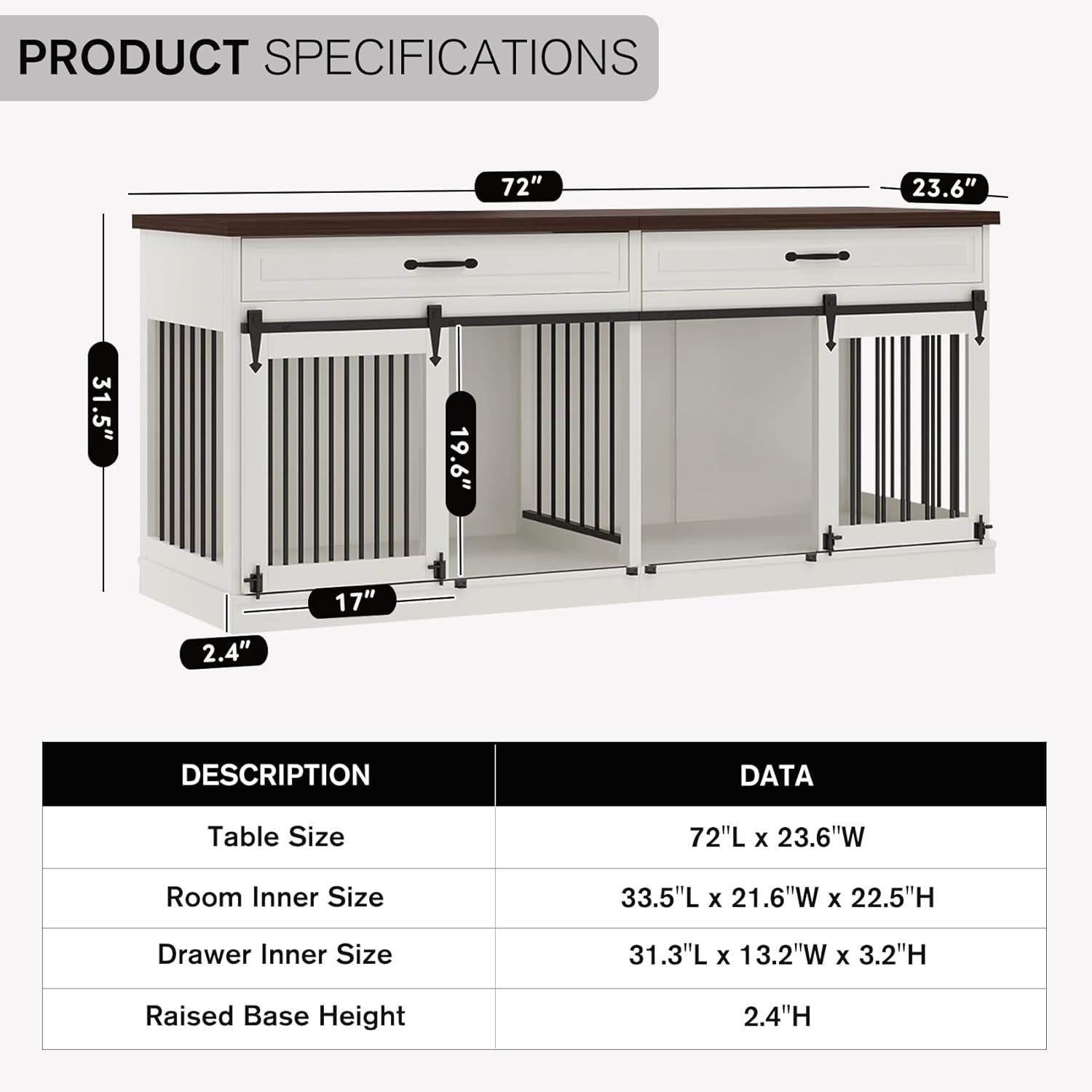 Dog Crate Furniture - Farmhouse Indoor Wooden Dog Kennel with Sliding Barn Doors, Room Divider and 2 Drawer, 72”L x 23.6”W x 31.5”H, White