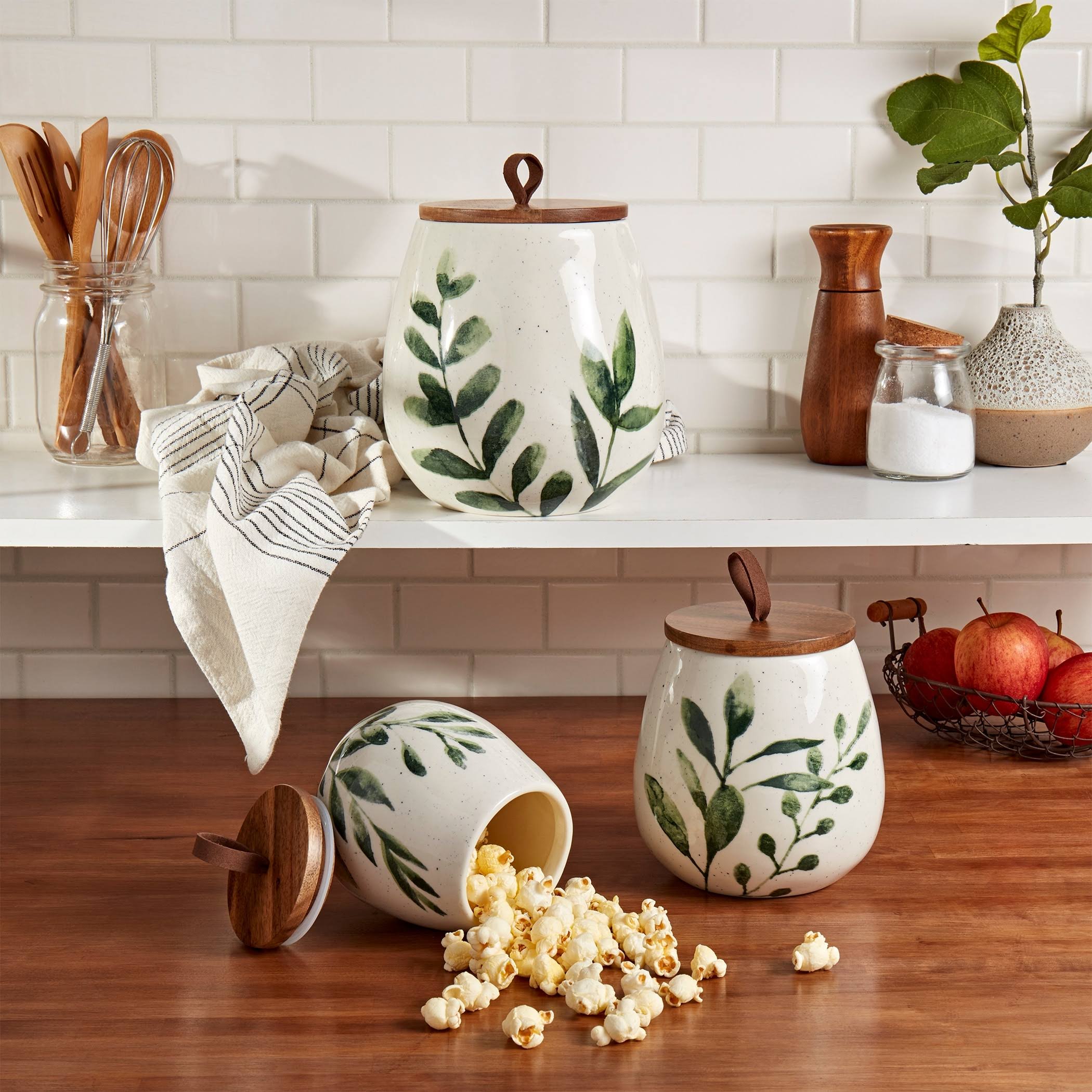 Tabletops Gallery 3PC Green Leaf Canisters with Acacia Wood Lid