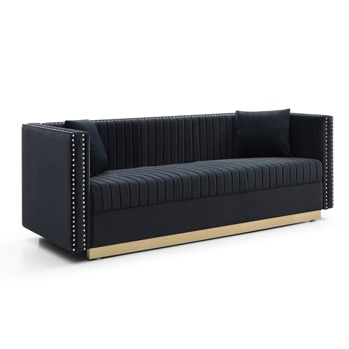 Contemporary Vertical Channel Tufted Velvet Sofa, 3 Seater Couch Sofa, Sectional Sofa with 2 Pillows, Accent Love Seats for Small Spaces, for Living Room,Office,Apartment,Studio,Beige
