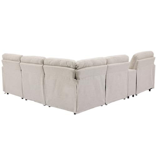 Large Sectional Sofa Couch L-Shaped Recliner Corner Sofa with 2 Power Recliners Storage Box Cup Holders USB Ports and Power Socket, Linen Upholstered Home Theater Reclining Sofa for Living Room, Beige