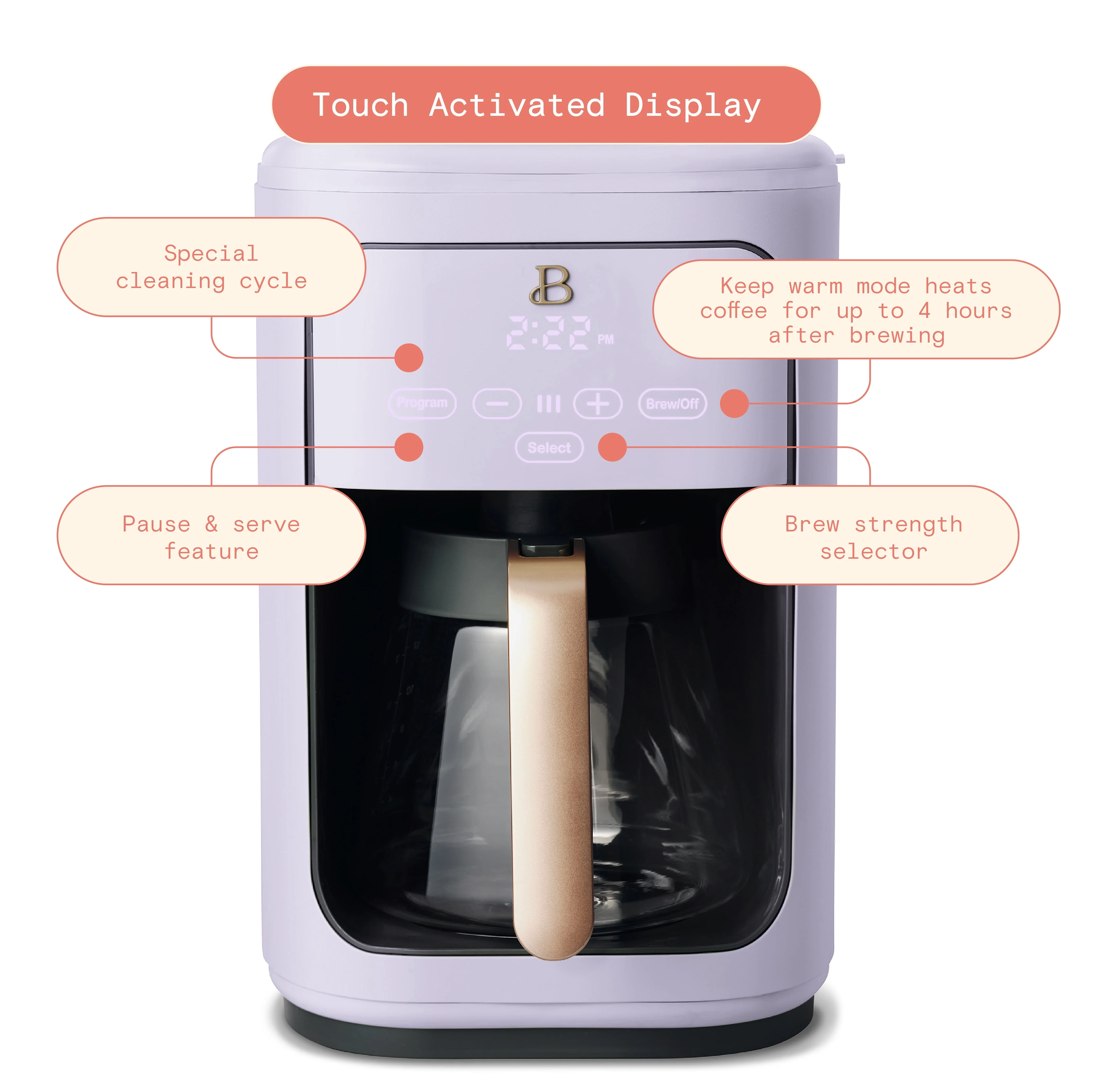 Beautiful 14-Cup Programmable Drip Coffee Maker with Touch-Activated Display, White Icing by Drew Barrymore