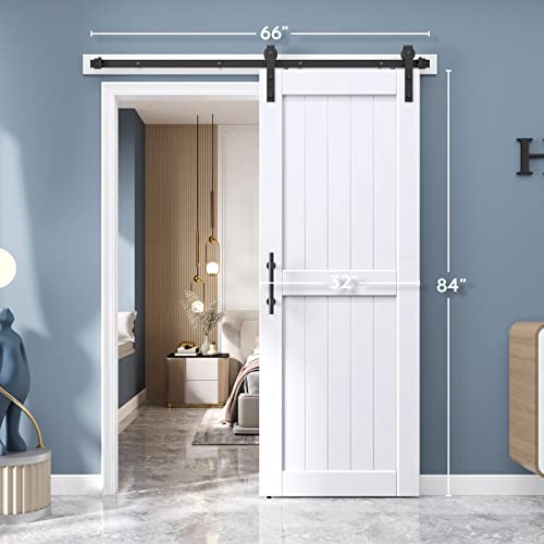 EaseLife 54 x 84 inch White Barn Door with 9FT Sliding Door Hardware Kit Included & Handle,Solid Wood Covered with Waterproof PVC Surface,DIY Assemblely,Easy Install,H-Frame,Fit 50-52in Wide Opening
