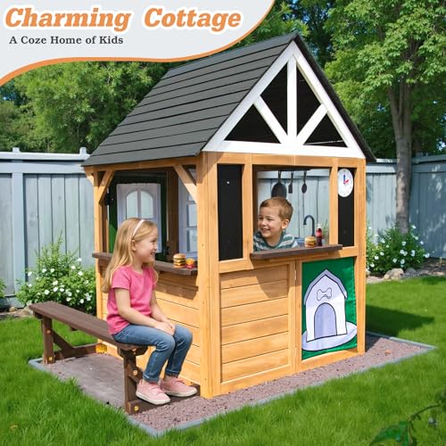 Kids Outdoor Playhouse,Cedar Gray Wooden Play House for Kids Ages 3-8, with Play Kitchen, Interactive Doorbell, Toy Phone, Sink, Flowerpot