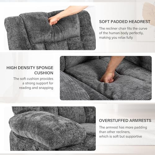 Recliner Chair for Adults with Massage and Heat, Breathable Fabric Reclining Chair with Side Pockets, Comfy Living Room Single Sofa Chair, Dark Grey