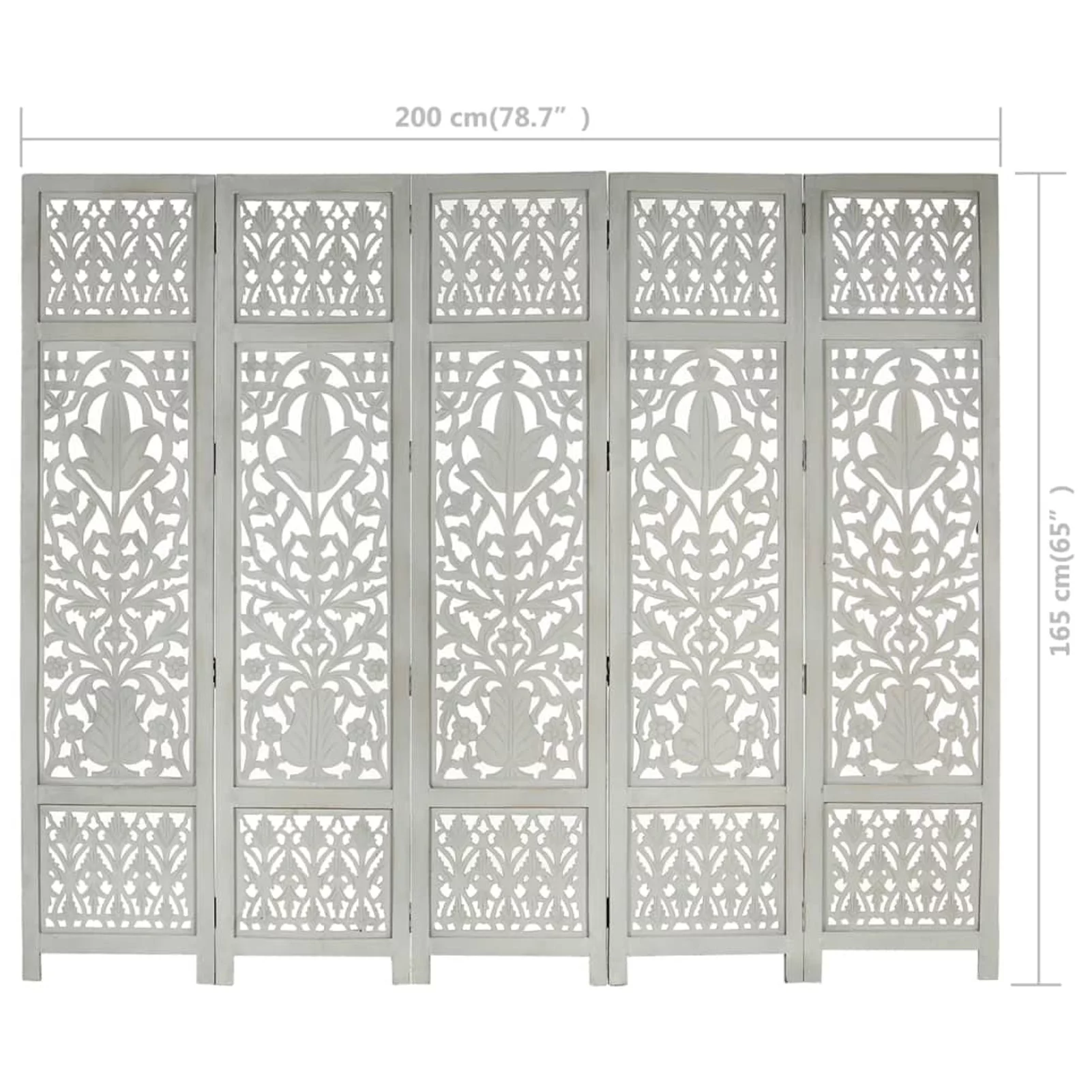 Dcenta Hand Carved 5-Panel Room Divider Wooden Room Partition Panel Mango Wood Folding Screen Gray for Bedroom, Bathroom, Living Room, Kitchen, Home Furniture 78.7in x 65in (W x H)