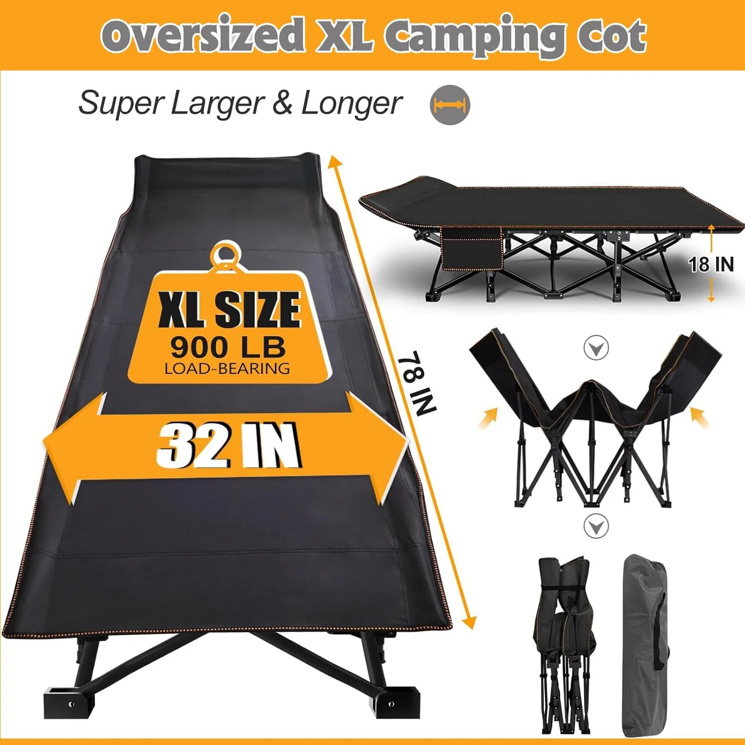 ABORON Oversized XL Folding Sleeping Cots for Adults, 900lb Loading Double-Layer 1200D, Heavy Duty Guest Bed W/Cushion & Carrying Bag