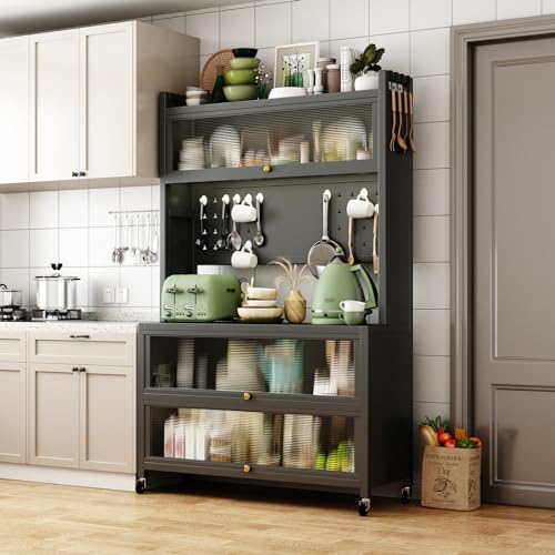 Kitchen Pantry Storage Cabinet with Microwave Space, Freestanding Coffee Bar Shelf Rolling Bakers Racks with 3 Doors for Hutch, Home, Office, Pantry, Garagestorage, White