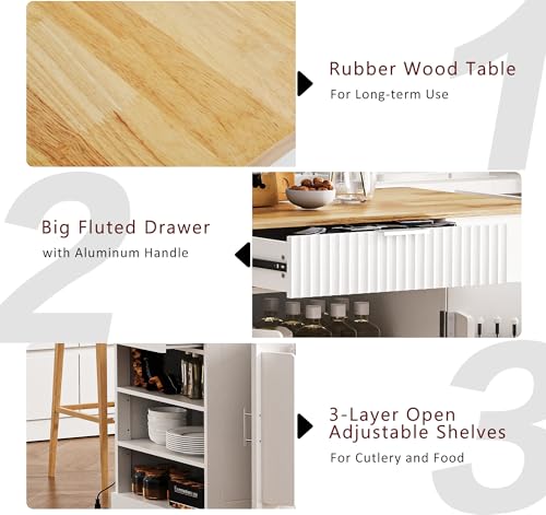 60" Kitchen Island with Drop Leaf and Power Outlet, Rolling Kitchen Cart on Wheels with Trash Can Storage Cabinet, Spice Rack, Towel Rack and Adjustable Shelf for Dining Room