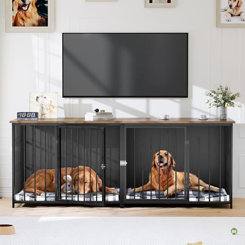 DWVO Double Dog Kennel Furniture, 80.2" Dog Cage Furniture with Divider, Double Dog Crate TV Stand for 2 Medium Dogs, Black