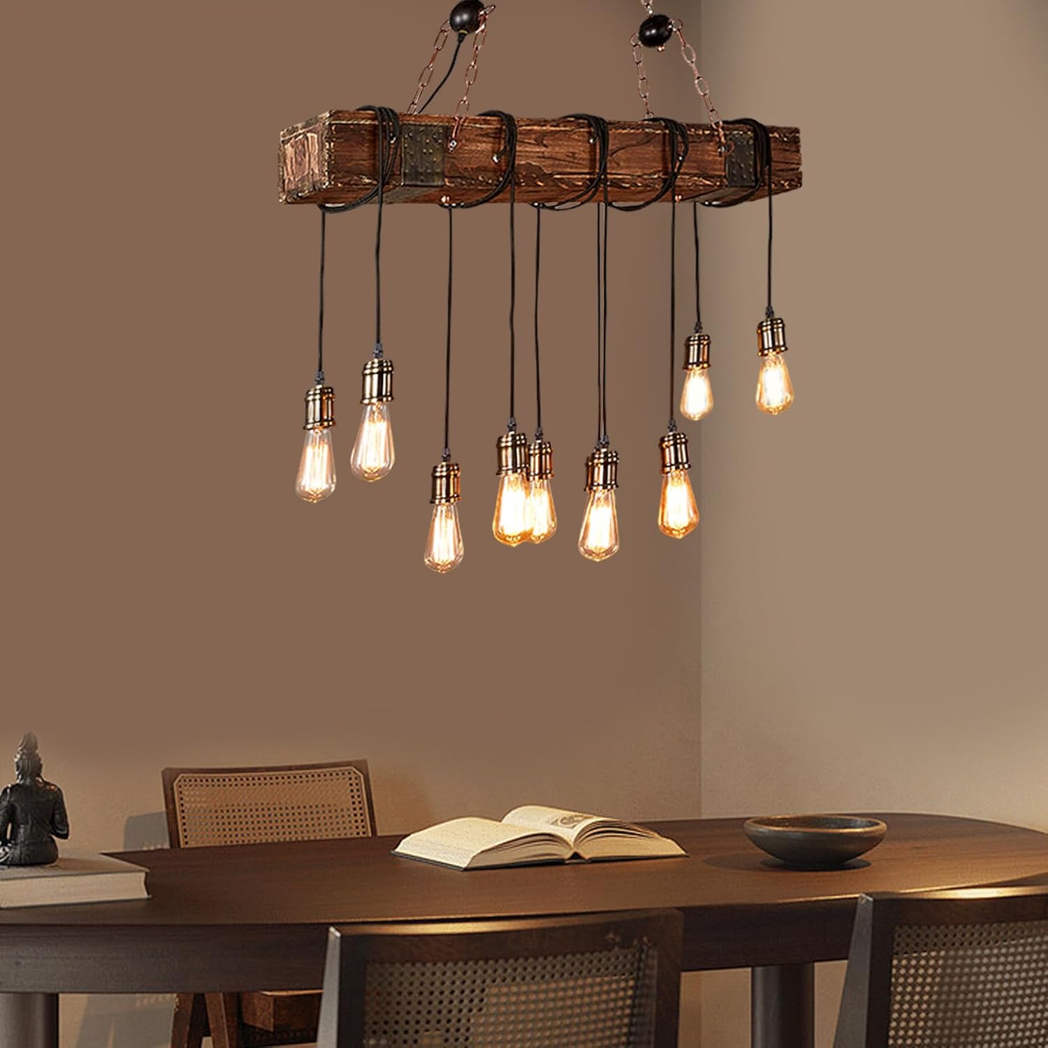 Rustic Industrial 10 Light 46in Chandelier Farmhouse Kitchen Island Lighting Mason Jar Chandelier Linear Chandelier Retro Wood Pendant Light Dining Room Bar Pool Table (Bulb is Not Included)