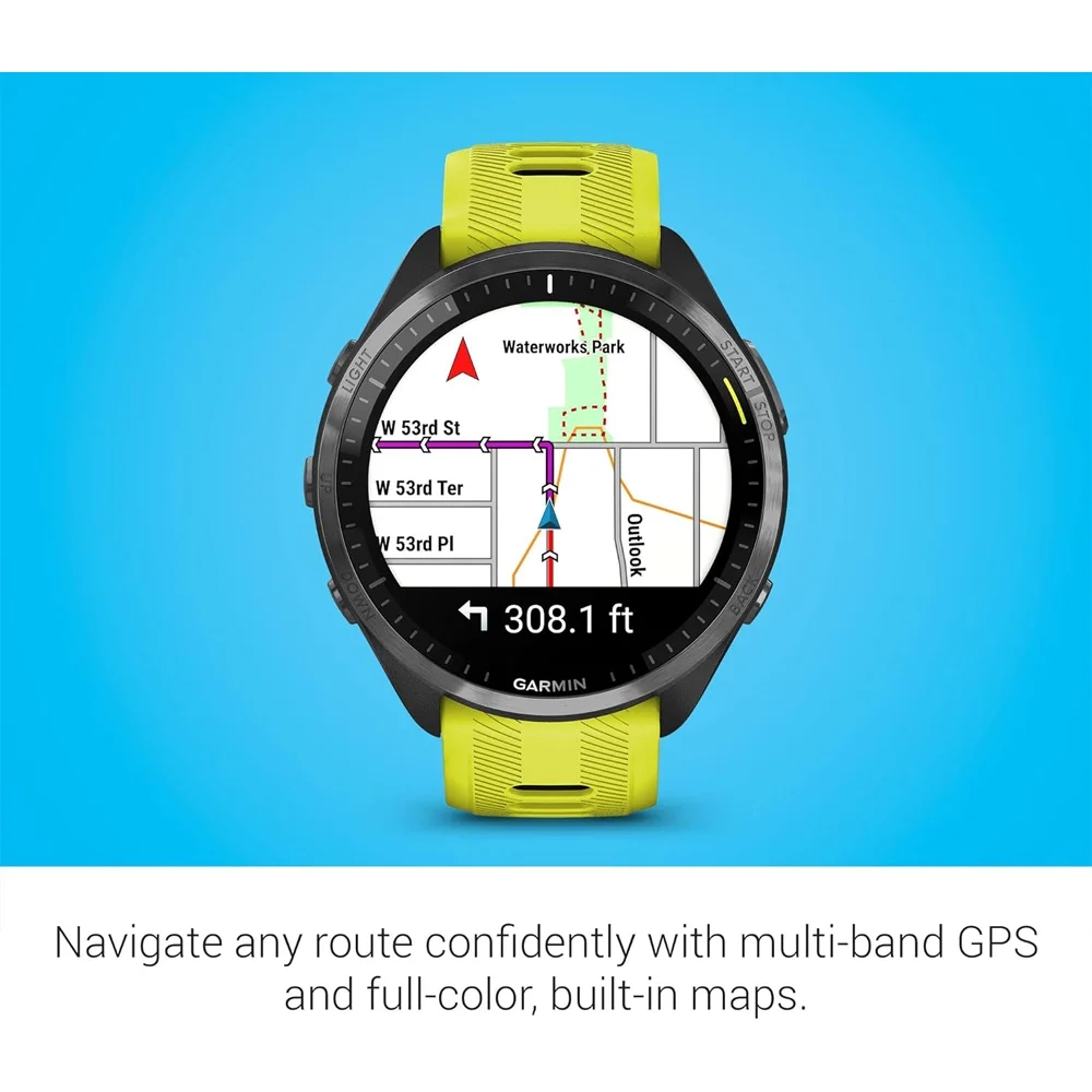 Garmin 010-02809-02 Forerunner 965 Running Smartwatch, Amp Yellow and Black Bundle with Workout Cooling Sport Towel + Deco Essentials Wearable Commuter Front & Rear Safety Light