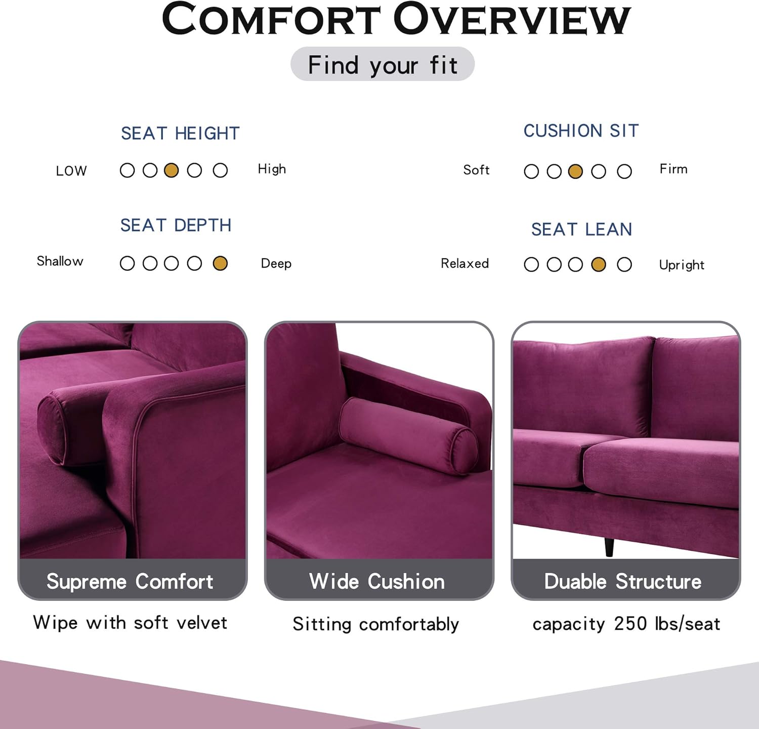 Harper&Bright Designs Sectional Sofa Set, Living Room Furniture Sofa Set, Modern Elegant Velvet Upholstered Couch with 2 Pillows (Purple)