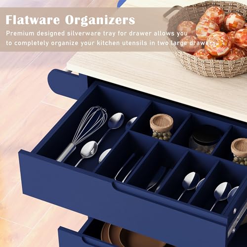 Farmhouse Kitchen Island with Power Outlet, Rolling Kitchen-Cart with Drop Leaf, Storage Cabinet Table on Wheels w/Spice Rack and Drawer for Dining Room, Bar
