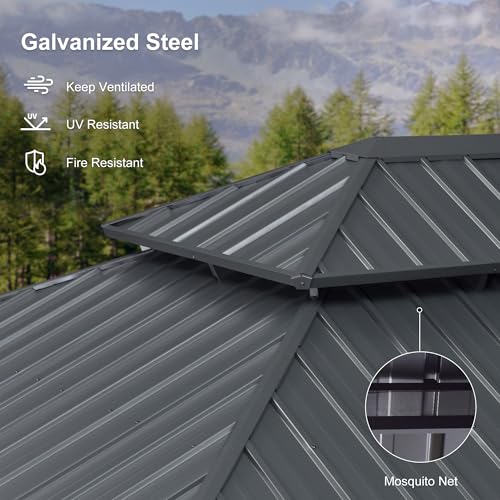PURPLE LEAF 10' X 14' Permanent Hardtop Gazebo Aluminum Gazebo with Galvanized Steel Double Roof for Patio Lawn and Garden, Curtains and Netting Included, Grey