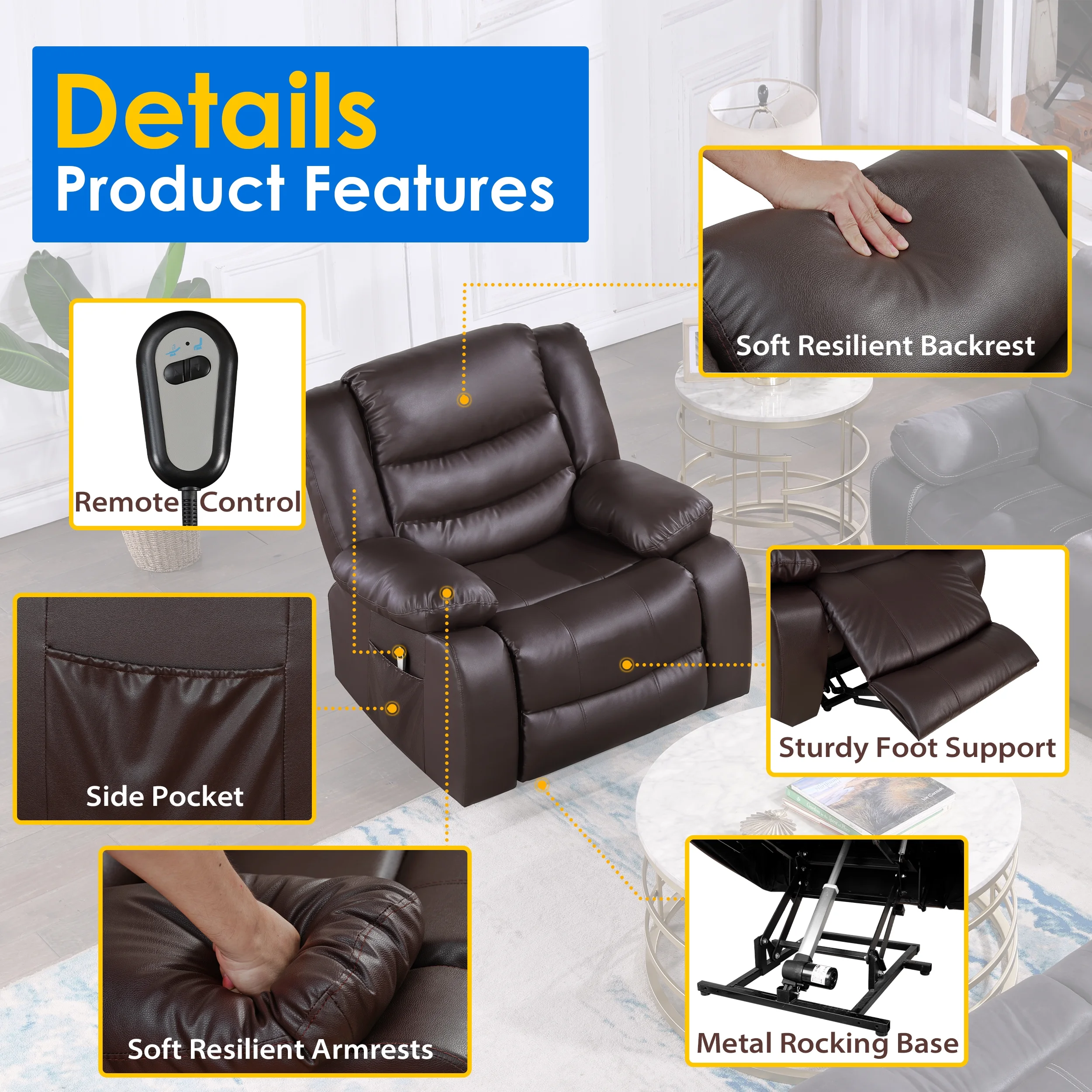 TrumanPick Power Lift Recliner Chair with 2 Side Pockets for Elderly, Faux Leather, Brown