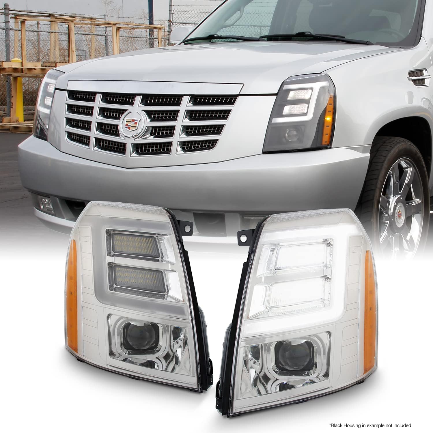AKKON - For 2007-2014 Cadillac Escalade Xenon/HID Model Type Black Housing LED Daytime Running Light Tube Projector Headlight