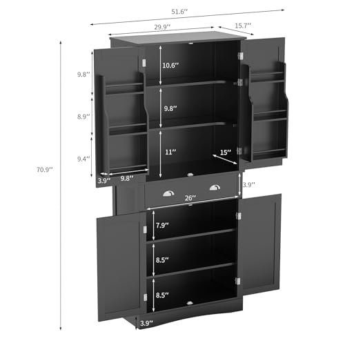 VOWNER Kitchen Pantry Cabinet with 4 Doors and 1 Drawer, Tall Storage Cabinet with Adjustable Shelves, Freestanding Cupboard for Kitchen, Dining Room and Living Room (White)