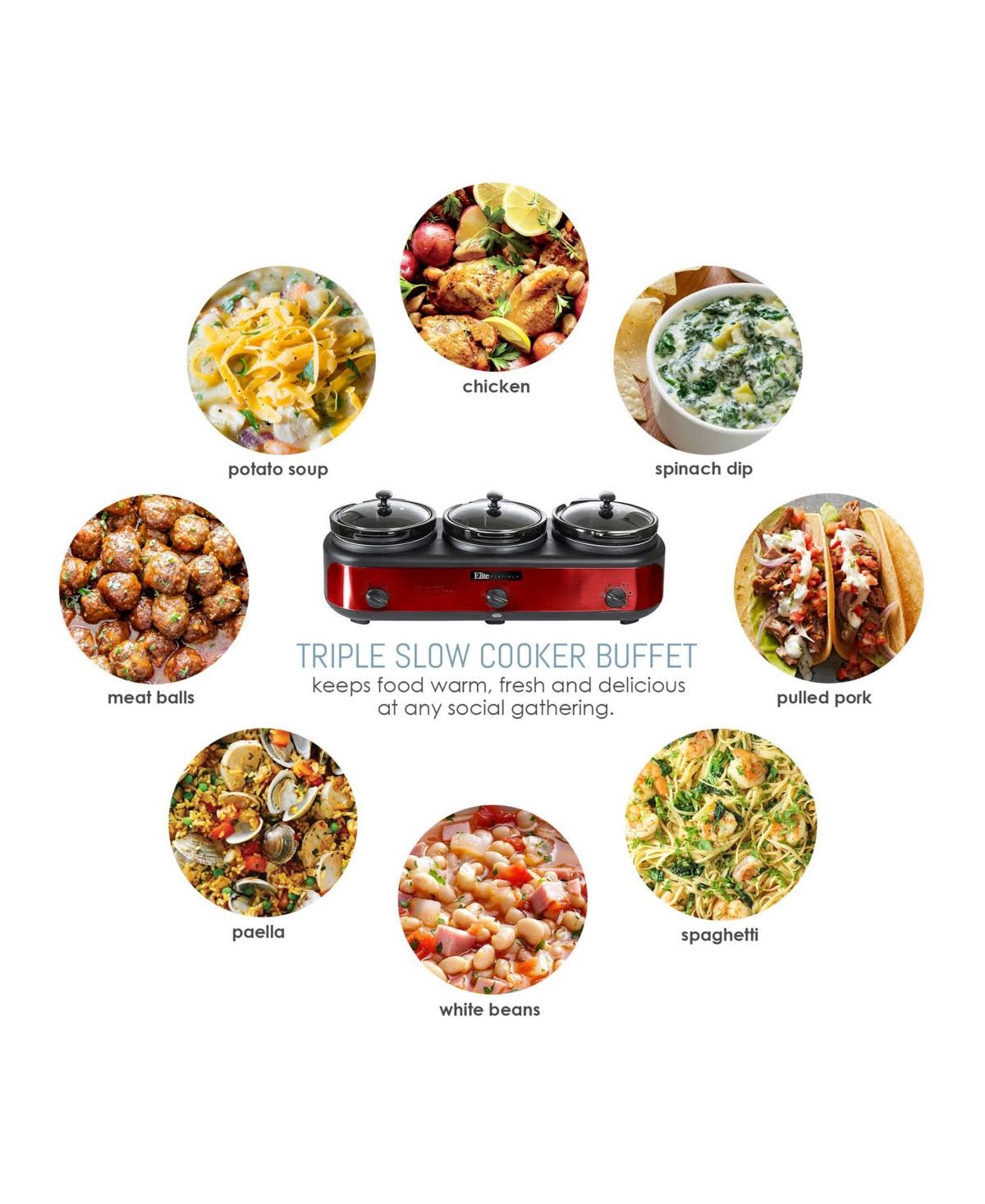 Elite Platinum Triple Slow Cooker Buffet, Red