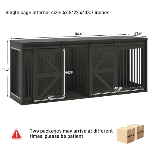 87In Farmhouse Dog Crate TV Stand, Wooden Dog Kennel Furniture with Sliding Metal Mesh Barn Door, Large Dog Crate Furniture for 2 Dogs, Solid Metal Tube & 2 Lockable Doors, Black