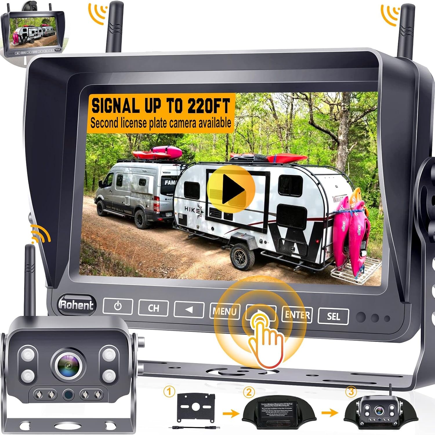 Wireless Backup Camera RV HD 1080P 7'' Touch Key DVR Monitor Rear View System Infrared Night Vision Waterproof for Truck Trailer Camper 4 Channels Adapter for Furrion Pre-Wired RVs Rohent R9