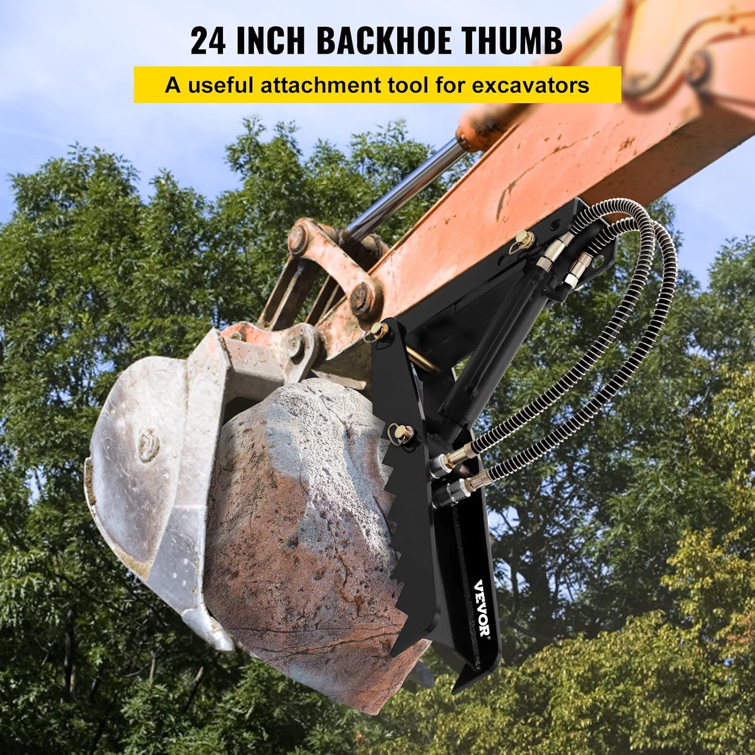 Mophorn 24 inch Hydraulic Backhoe Excavator Thumb Attachments Weld On 1/2in Teeth Thick Steel Plate Assembly 12MM Bolt-On Design with Hydraulic Cylinder