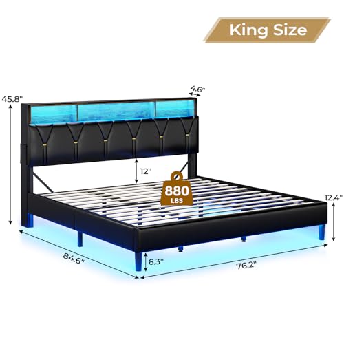 Full Size Bed Frame with Headboard Storage & LED Lights, Platform Bed Frame Full Size with Charging Station, Velvet Upholstered Bed with Shelf Headboard, No Box Spring Needed, Creamy White