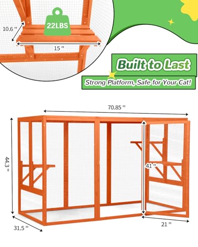 Catio Outdoor Cat Enclosure,71" L Outside Cat House Weatherproof, Wooden Large Catios for Cats Patio, Cat Houses with 3 Platforms,Grey