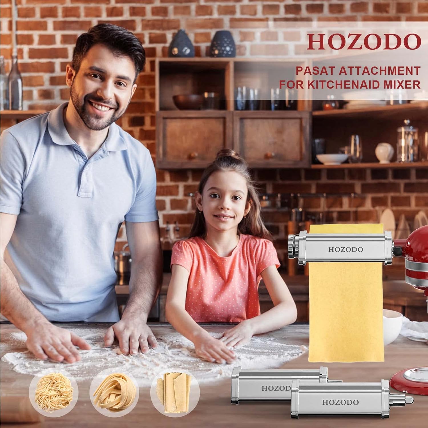 Pasta Attachment for KitchenAid Mixer, Includes Pasta Sheet Roller, Spaghetti Fettuccine Cutter, 3Pcs for Pasta Attachment by HOZODO