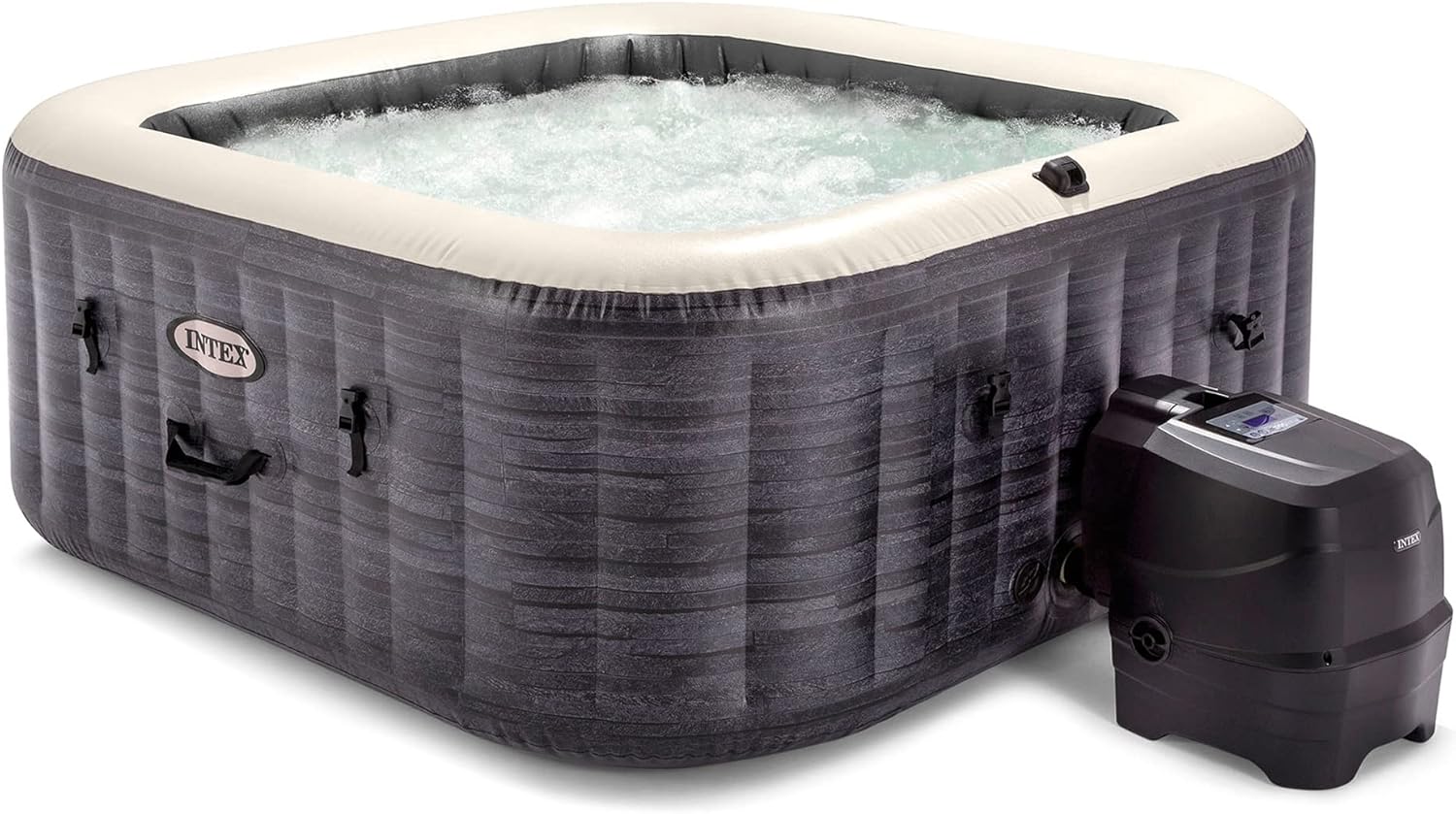 Intex PureSpa Plus Greystone Inflatable Square Outdoor Hot Tub Spa, 83x28" and Tray Attachment Accessory for Mobile Tablet Phones with LED Light Strip