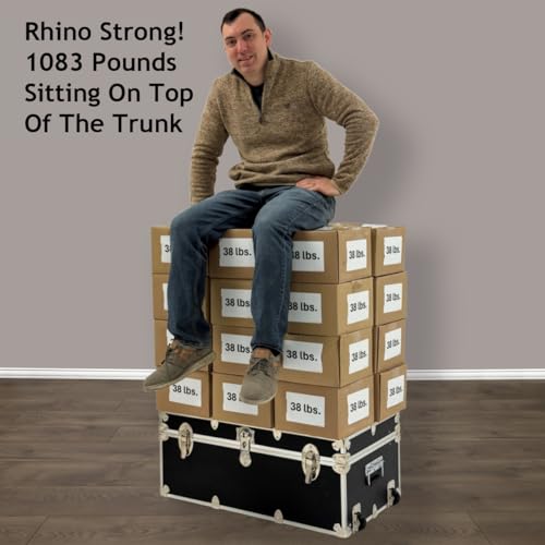 Rhino Trunk & Case Essential Summer Camp Trunk with Wheels - Camping Storage Chest - Ideal Footlocker for Campers - Strong 1000+ Pounds Sitting Capacity Trunks 32"x18"x14" (Black)