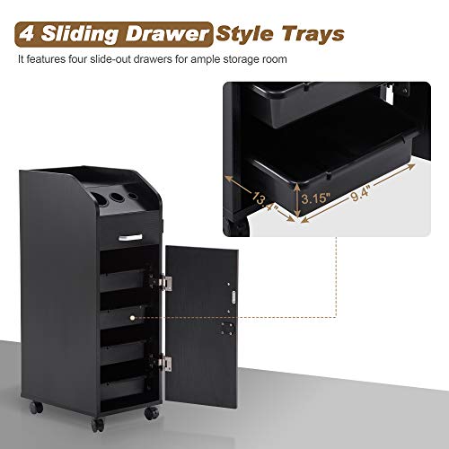 BarberPub Beauty Salon Trolley Storage Cart Hair Dryer Holder Stylist Equipment with Lockable Rolling Wheels, Drawer (Black)