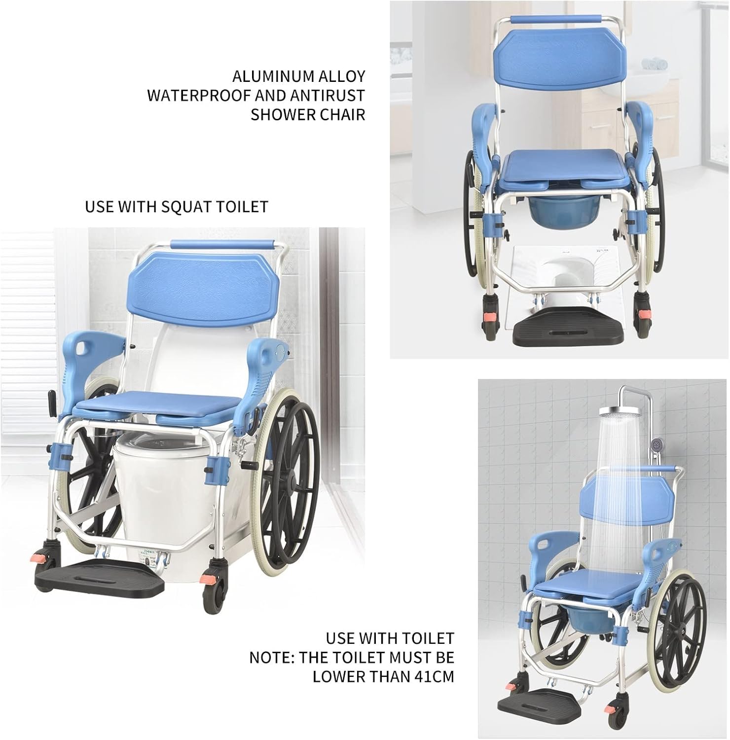 Commode Toilet Chair, Wheeled Shower Commode Toilet Chair, Bedside Commode Chair with Wheels, Mobile Toilet Transport Wheelchair for Elderly and Disabled, 330 Lbs
