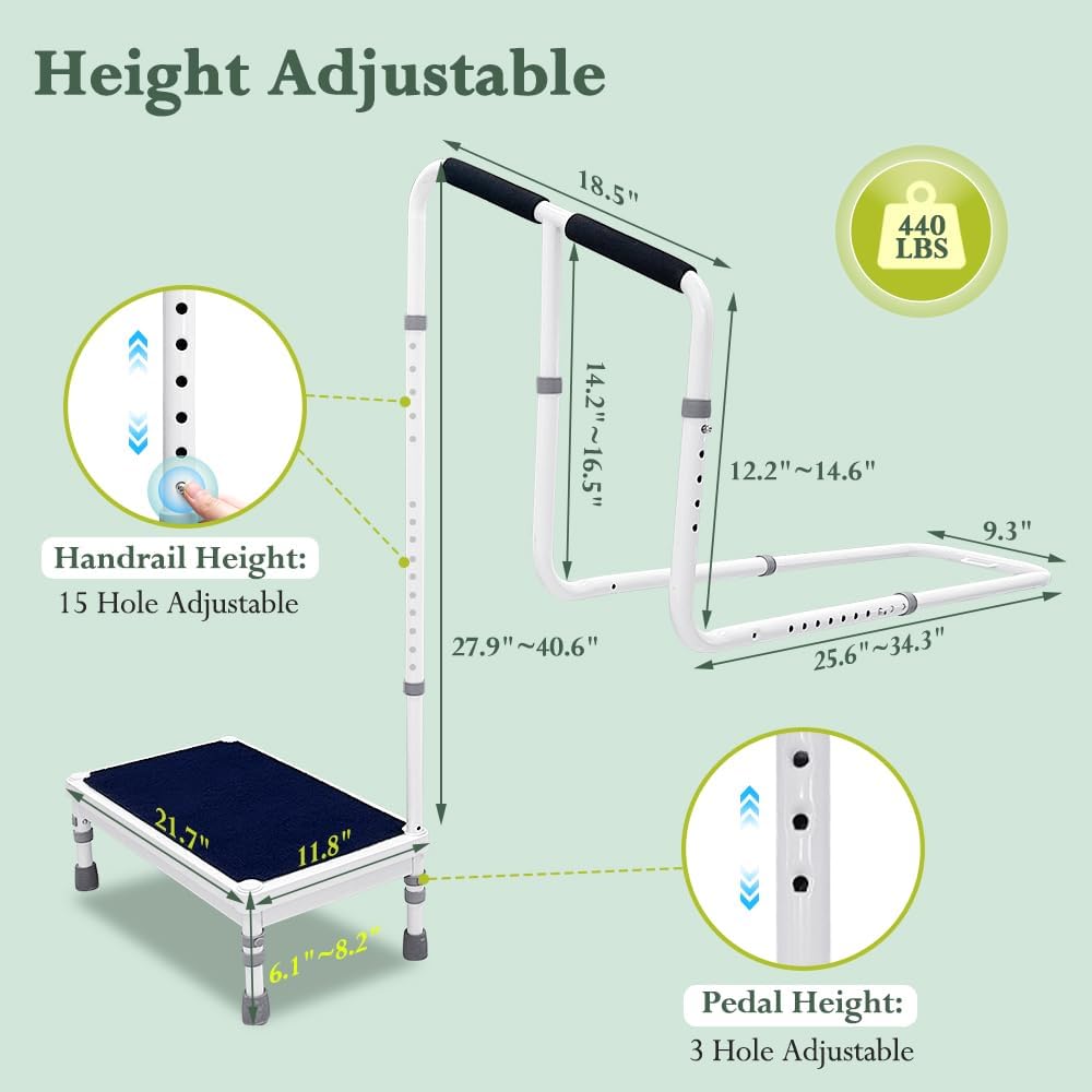 Bed Steps for High Beds for Adults Step Stool with Handle for Elderly 2-in-1 Bedside Guard Rails Bed Cane for Seniors Medical Safety Railing Stop Falling Out of Bed Assistance (21.6" Stool)